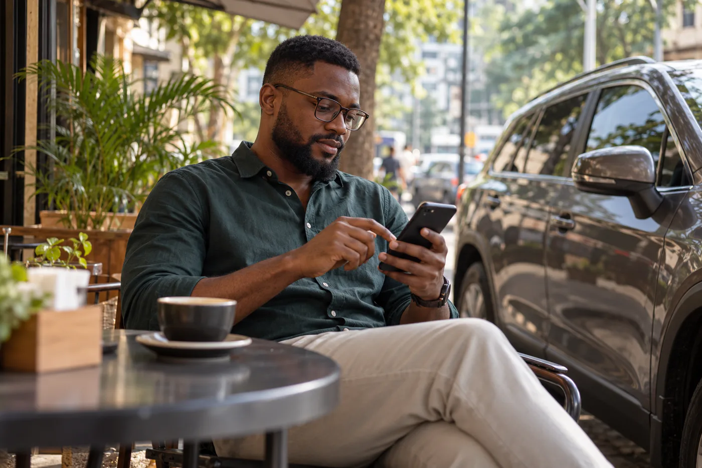 Illustrative scene of a vehicle owner starting a chat on his phone