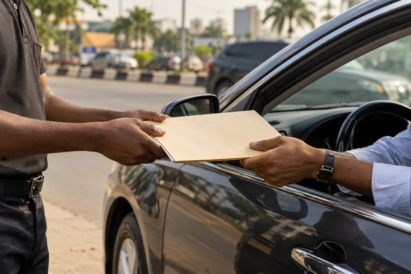 Illustrative handoff of a document folder beside a vehicle