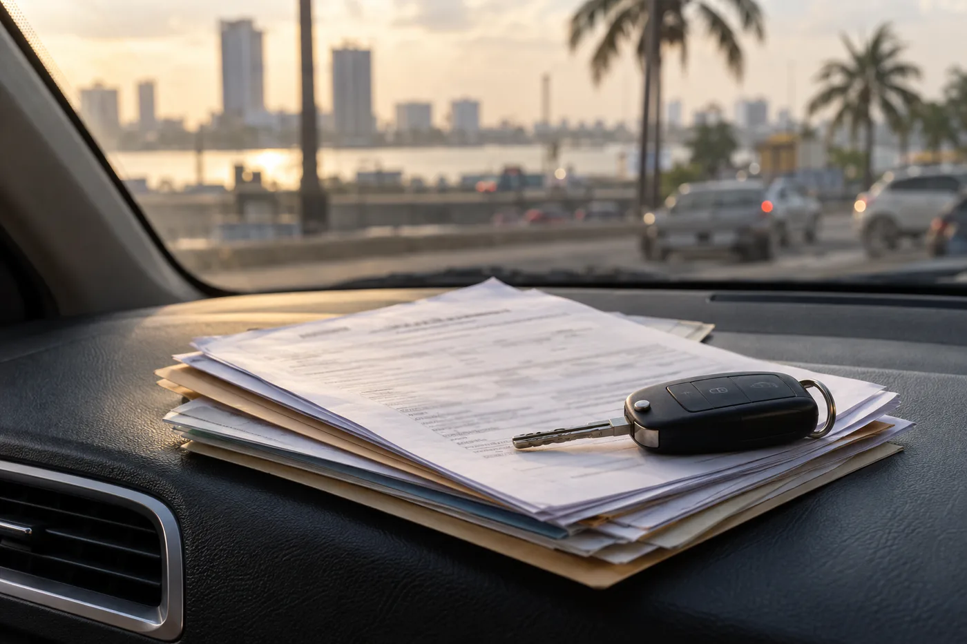 Illustrative vehicle paperwork and car key on a dashboard