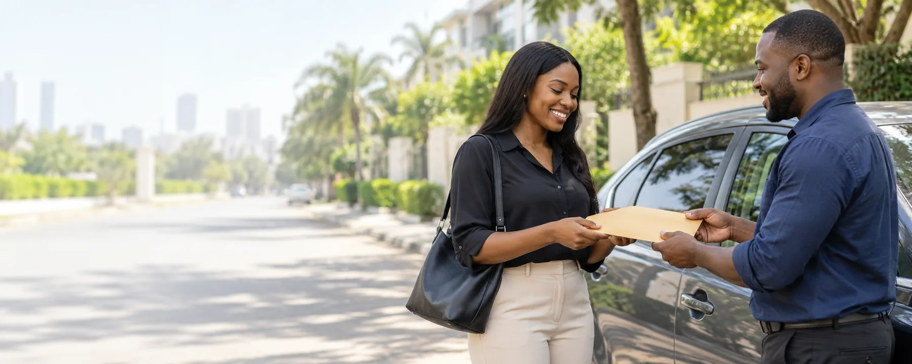 Two people exchange a plain envelope beside a parked car